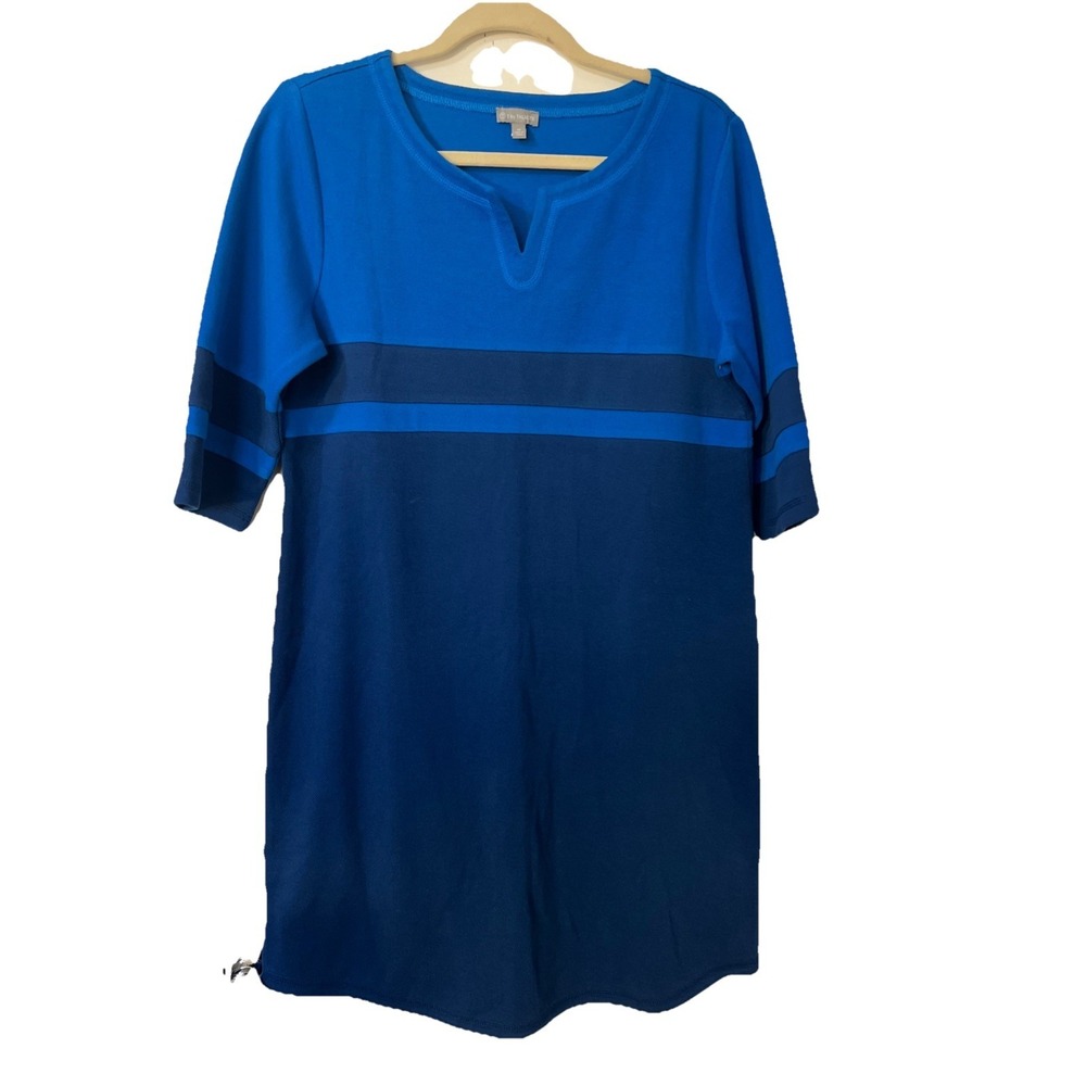 T‎ By Talbots Knit Dress Women Medium Blue Stretch Fit Flare A Line Short Sleeve